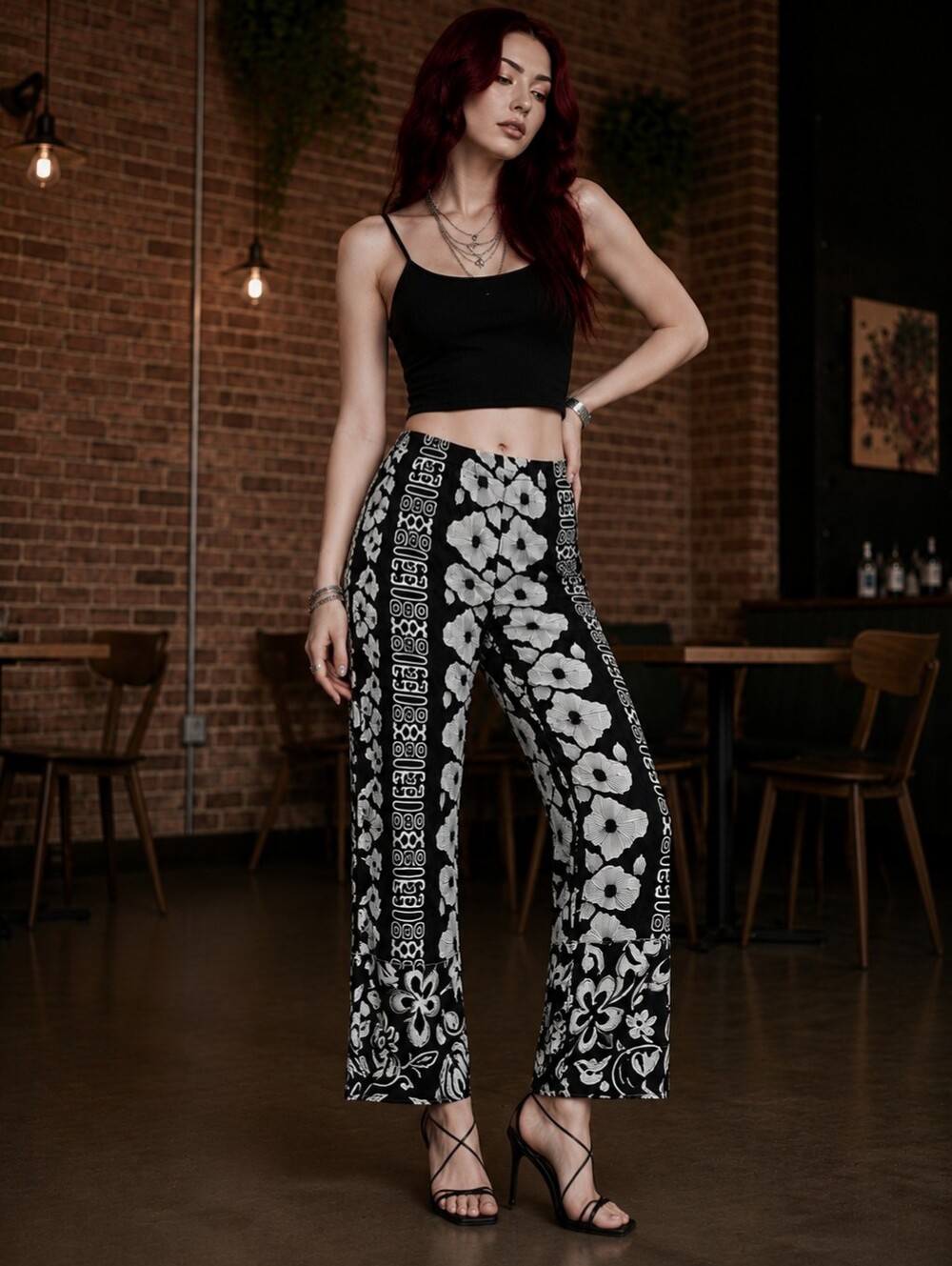 EUC Surya Vintage Embellished Boho Pants L Black & White Beaded Crop Y2K Resort